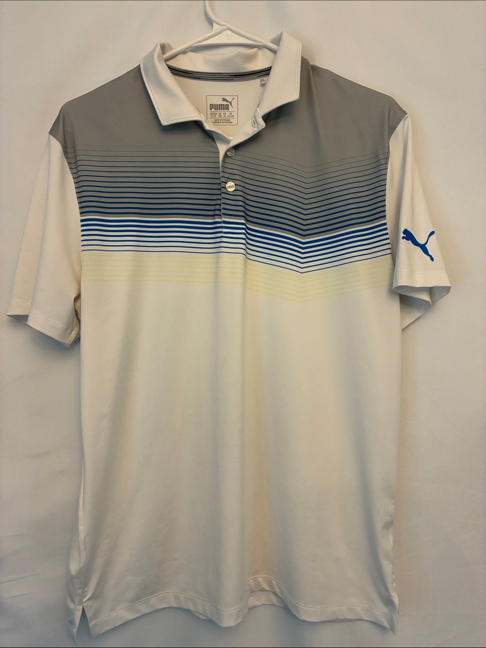 Puma White Golf Polo with Gray, Blue and Yellow Stripe Detail Youth XL